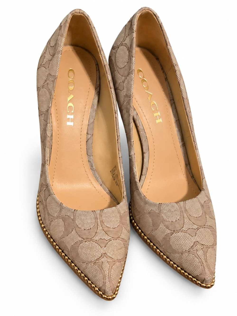 Coach WAVERLY PUMPS  Beige Signature Pointed Toe Pumps with Gold Bead Trim